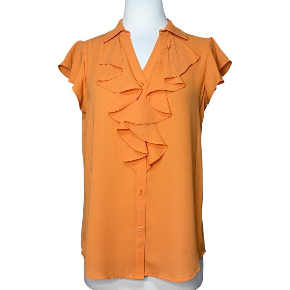 Calvin Klein Ruffle Neckline Solid Orange Short Sleeve Blouse Size Small V-Neck